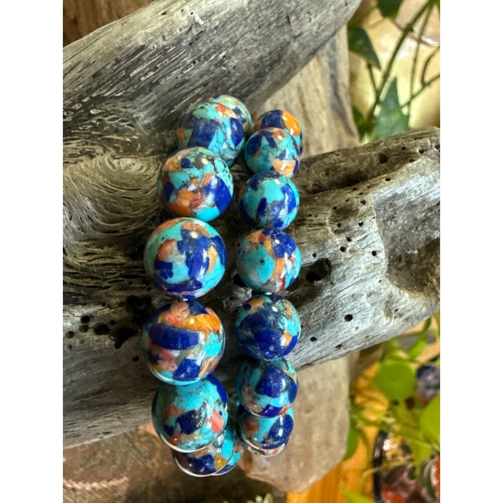 Lapis, Turquoise & Spiny Oyster Mosaic Beaded Bracelets Adjustable Size